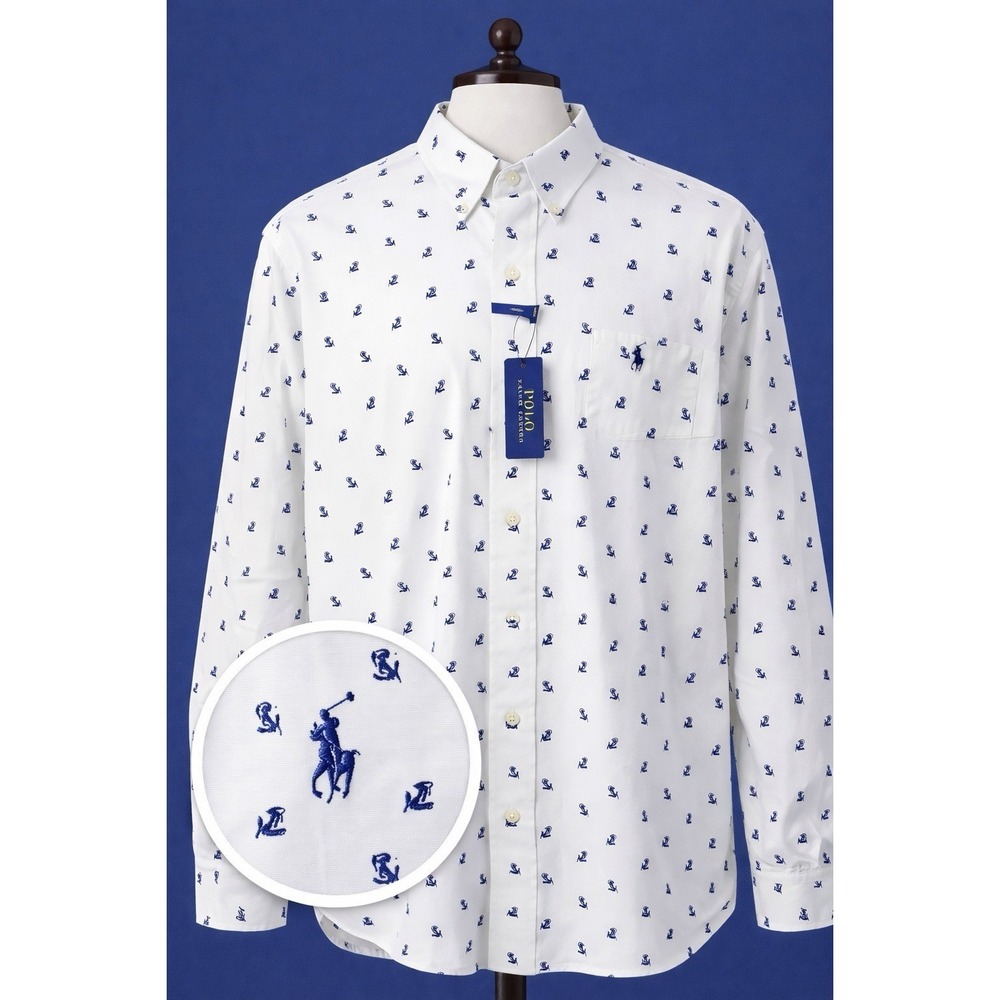 New Polo Ralph Lauren Anchor Print Stretch Poplin Shirt Pony Nautical Men's XLT‎